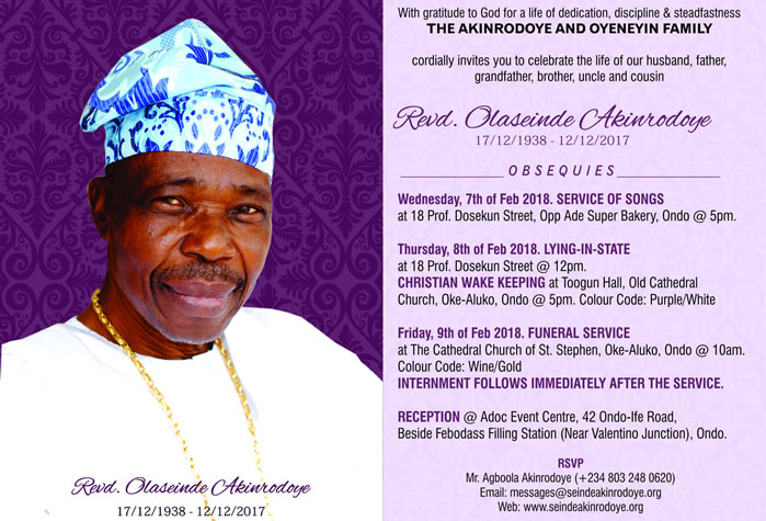 Reverend Olaseinde Akinrodoye's Funneral Invitation